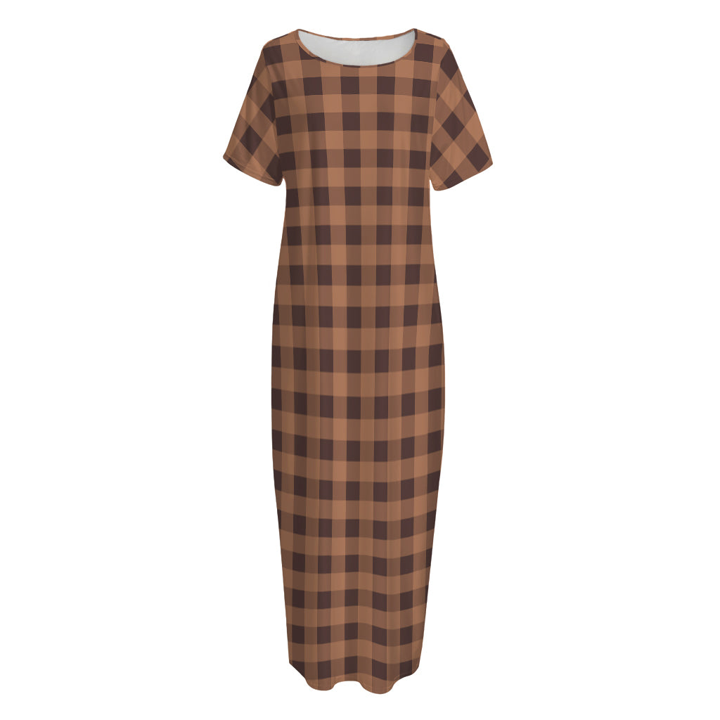 Dark Brown Check Pattern Print Short Sleeve Long Nightdress