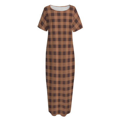 Dark Brown Check Pattern Print Short Sleeve Long Nightdress