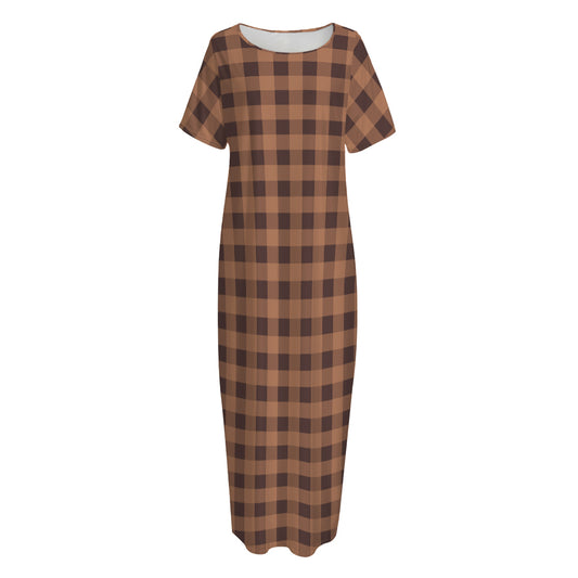 Dark Brown Check Pattern Print Short Sleeve Long Nightdress