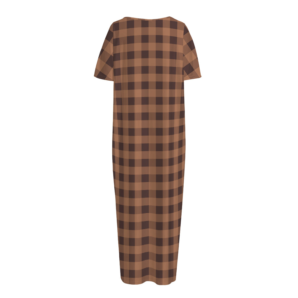 Dark Brown Check Pattern Print Short Sleeve Long Nightdress