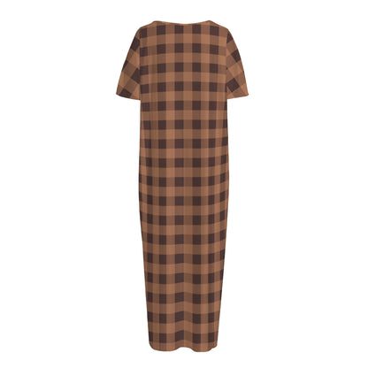 Dark Brown Check Pattern Print Short Sleeve Long Nightdress