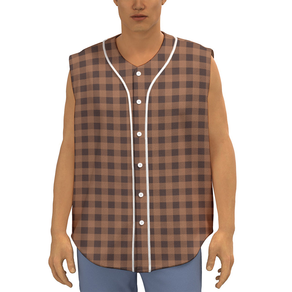 Dark Brown Check Pattern Print Sleeveless Baseball Jersey