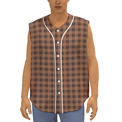Dark Brown Check Pattern Print Sleeveless Baseball Jersey