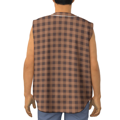 Dark Brown Check Pattern Print Sleeveless Baseball Jersey