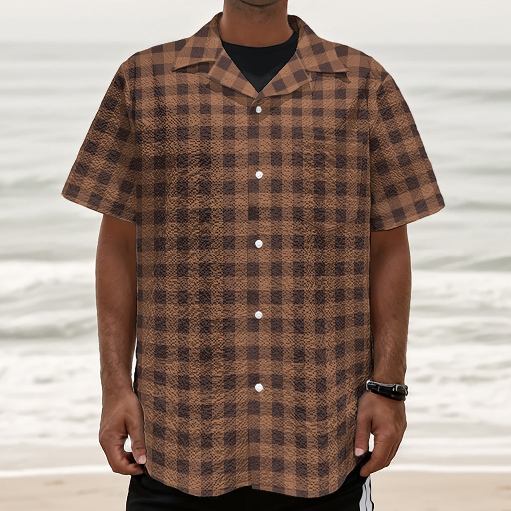 Dark Brown Check Pattern Print Textured Short Sleeve Shirt