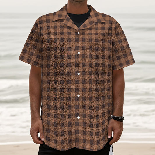 Dark Brown Check Pattern Print Textured Short Sleeve Shirt