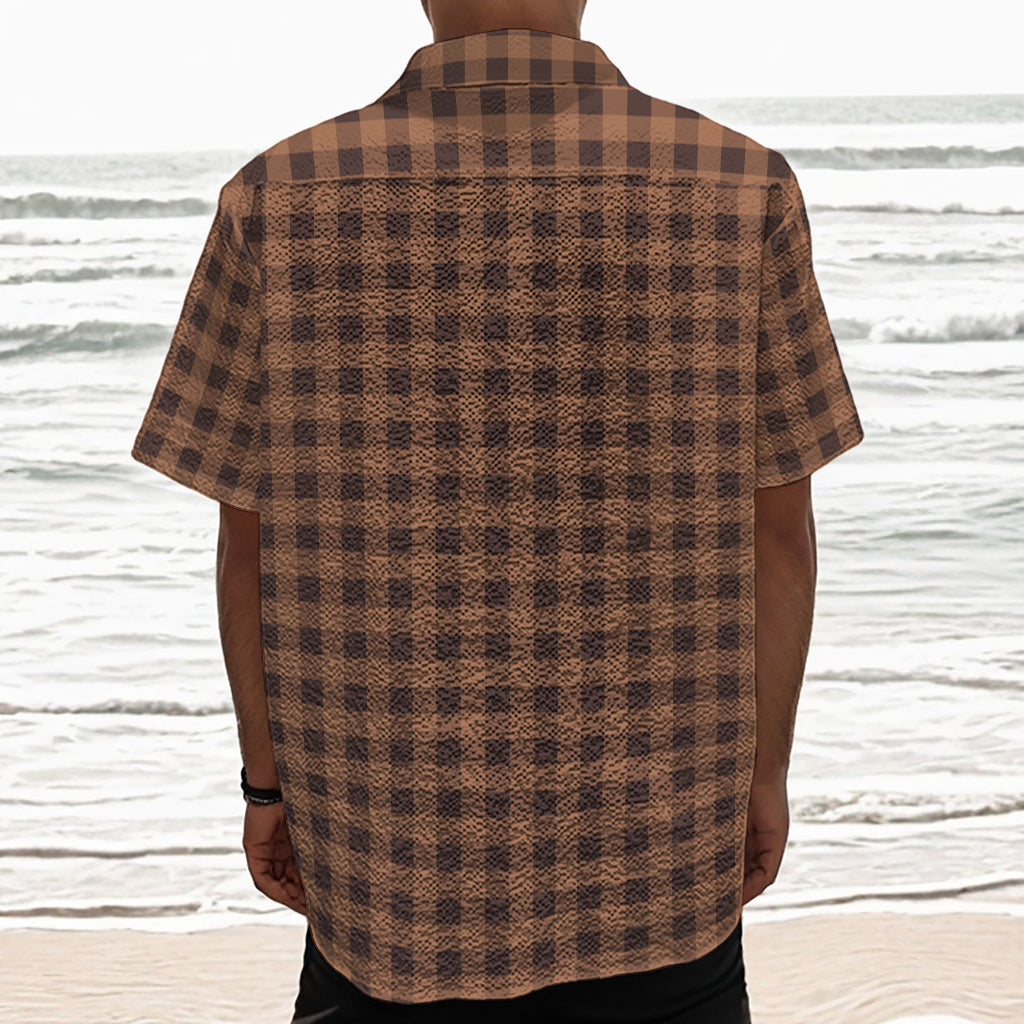 Dark Brown Check Pattern Print Textured Short Sleeve Shirt