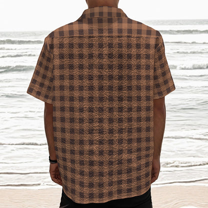 Dark Brown Check Pattern Print Textured Short Sleeve Shirt
