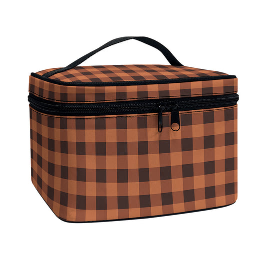 Dark Brown Check Pattern Print Travel Makeup Bag