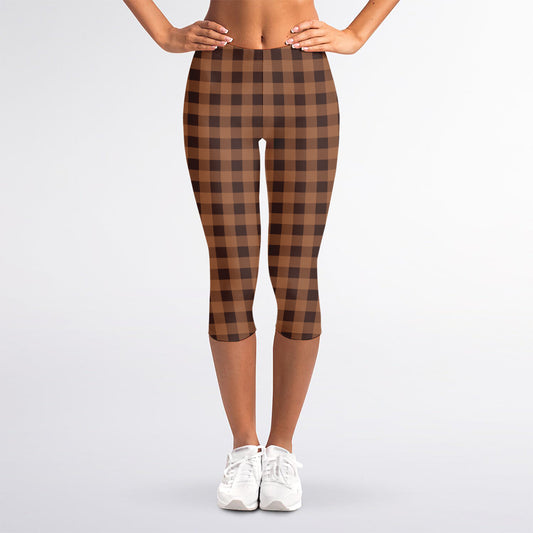 Dark Brown Check Pattern Print Women's Capri Leggings