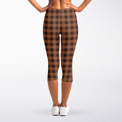 Dark Brown Check Pattern Print Women's Capri Leggings