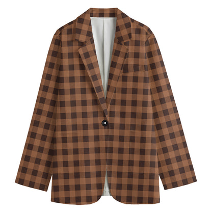 Dark Brown Check Pattern Print Women's Cotton Blazer