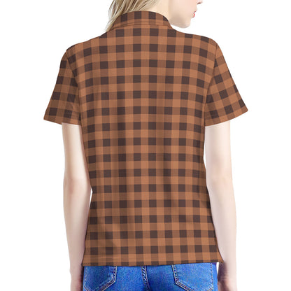 Dark Brown Check Pattern Print Women's Polo Shirt