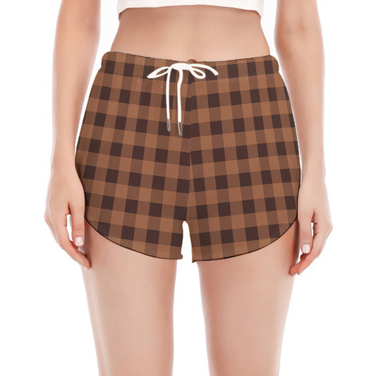 Dark Brown Check Pattern Print Women's Split Running Shorts