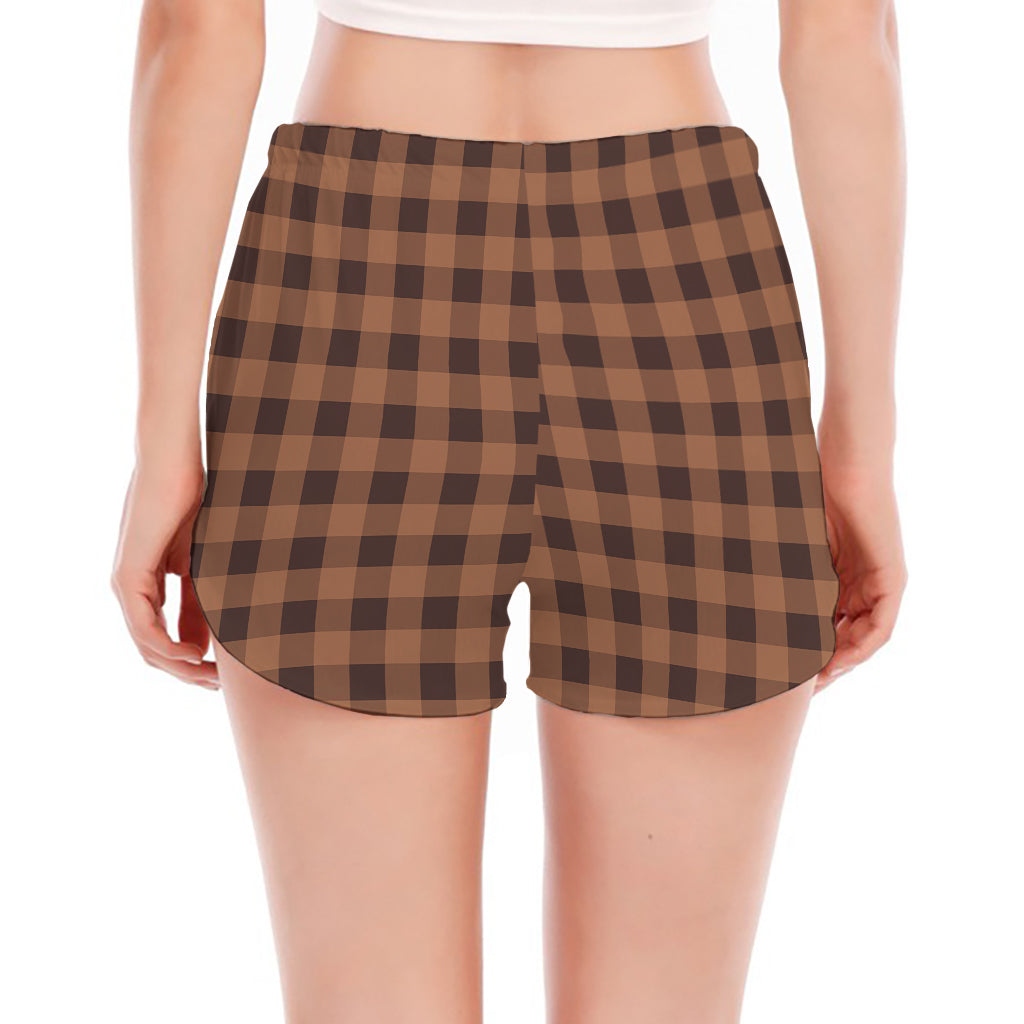 Dark Brown Check Pattern Print Women's Split Running Shorts