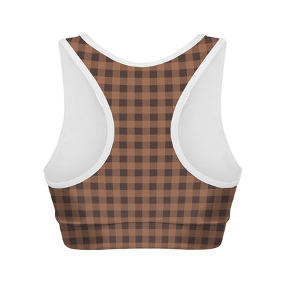 Dark Brown Check Pattern Print Women's Sports Bra