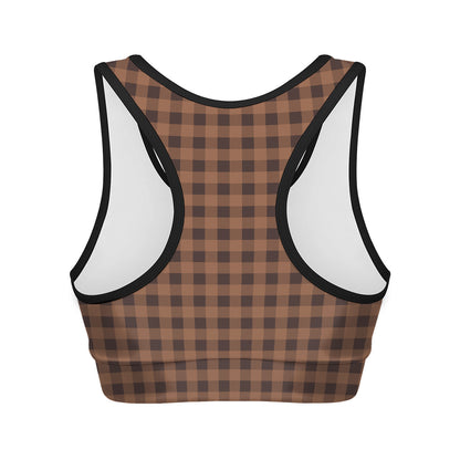 Dark Brown Check Pattern Print Women's Sports Bra