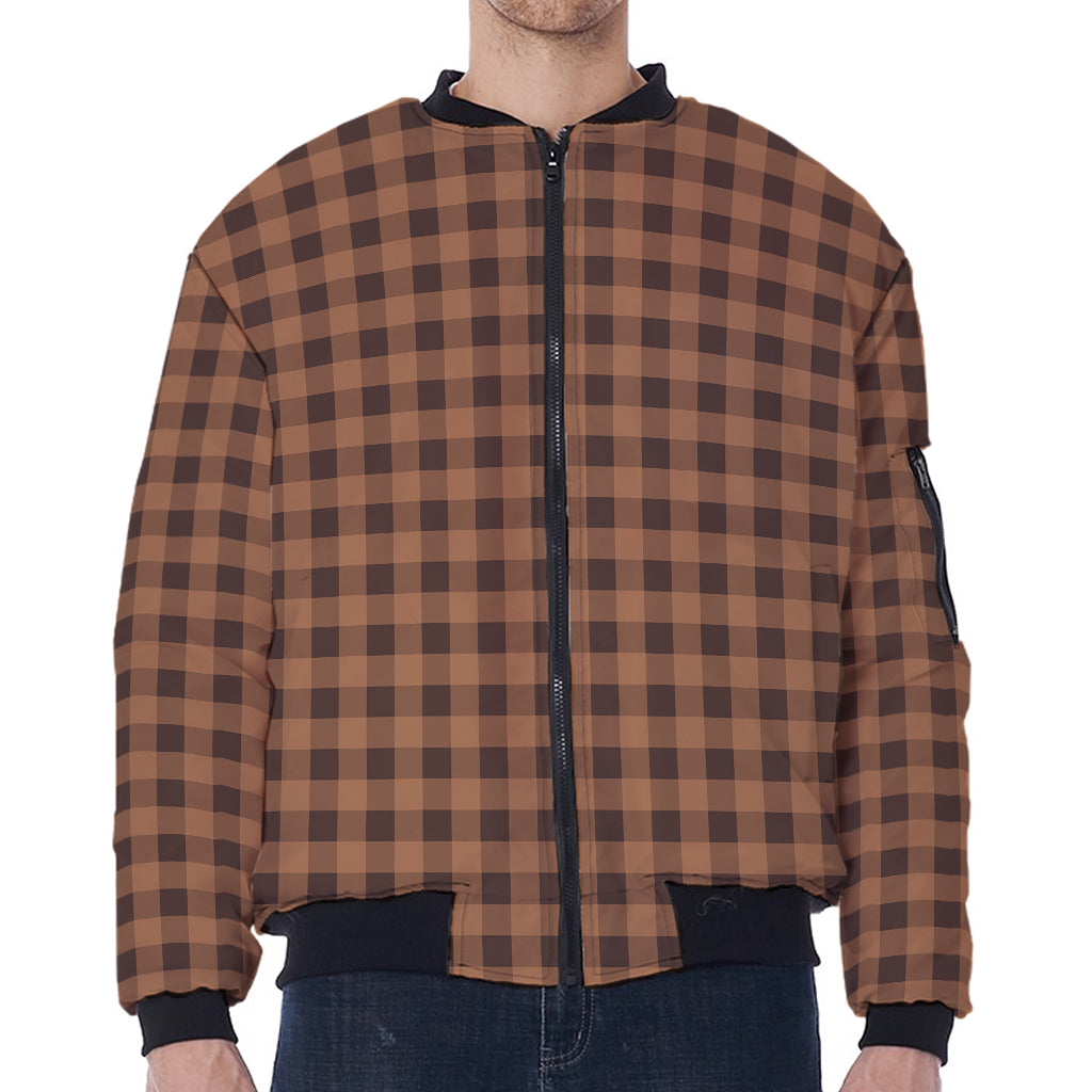Dark Brown Check Pattern Print Zip Sleeve Bomber Jacket