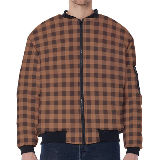 Dark Brown Check Pattern Print Zip Sleeve Bomber Jacket