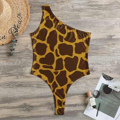 Dark Brown Cow Print One Shoulder Bodysuit