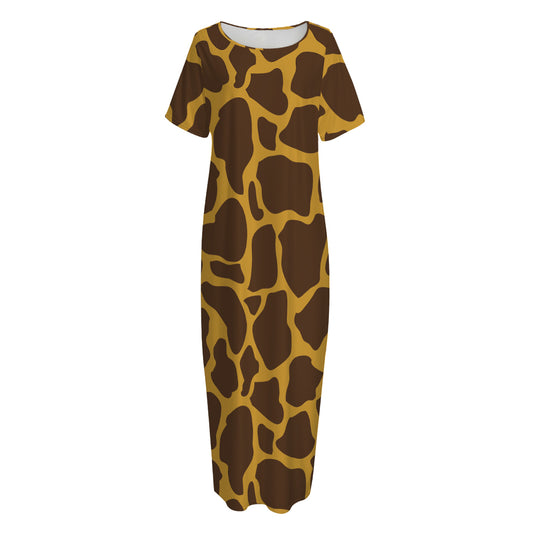 Dark Brown Cow Print Short Sleeve Long Nightdress