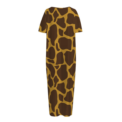 Dark Brown Cow Print Short Sleeve Long Nightdress