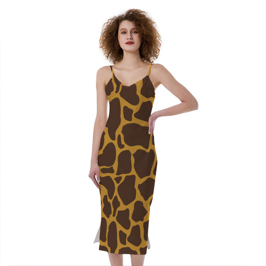 Dark Brown Cow Print Slim Fit Midi Cami Dress