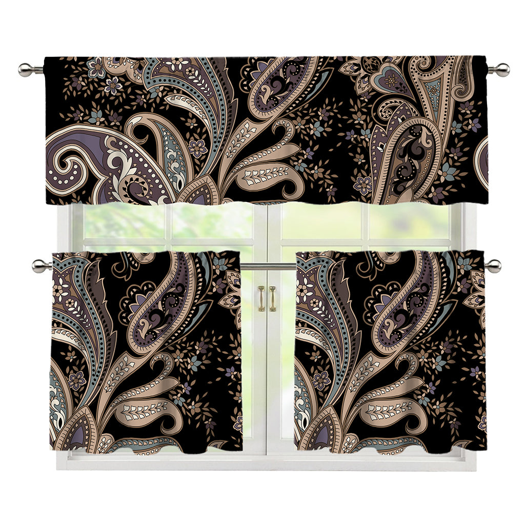 Dark Brown Paisley Pattern Print 3 Piece Kitchen Curtains