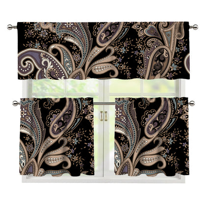 Dark Brown Paisley Pattern Print 3 Piece Kitchen Curtains