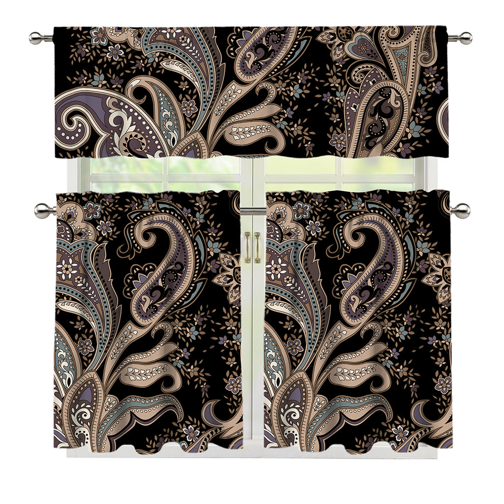 Dark Brown Paisley Pattern Print 3 Piece Kitchen Curtains