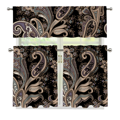 Dark Brown Paisley Pattern Print 3 Piece Kitchen Curtains