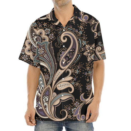 Dark Brown Paisley Pattern Print Aloha Shirt