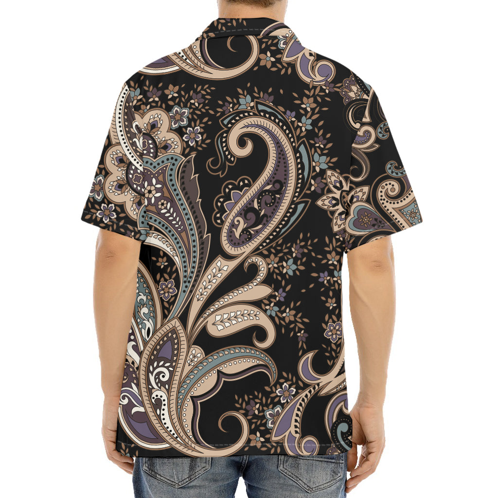 Dark Brown Paisley Pattern Print Aloha Shirt