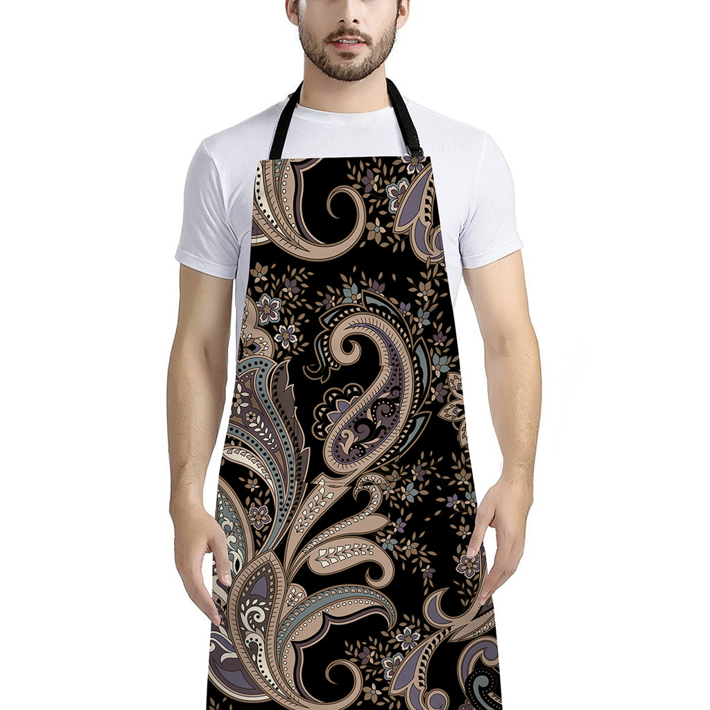 Dark Brown Paisley Pattern Print Bib Apron With Pocket