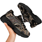 Dark Brown Paisley Pattern Print Black Chunky Shoes