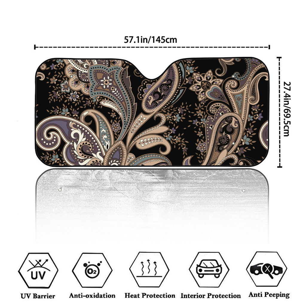 Dark Brown Paisley Pattern Print Car Windshield Sun Shade
