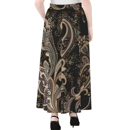 Dark Brown Paisley Pattern Print Chiffon Maxi Skirt