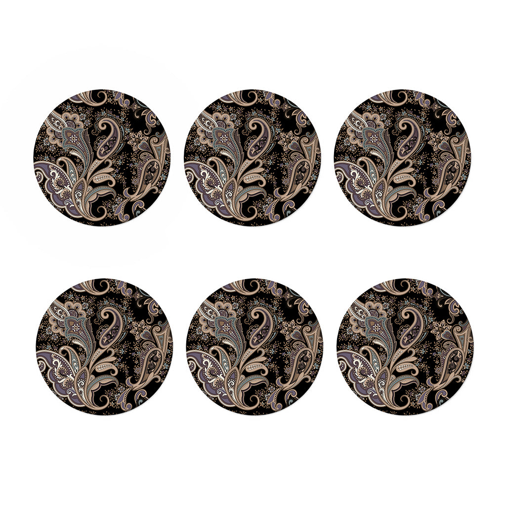 Dark Brown Paisley Pattern Print Coaster Set