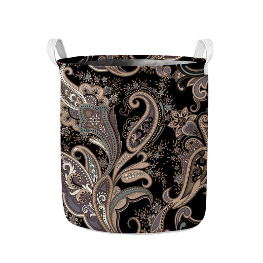 Dark Brown Paisley Pattern Print Collapsible Laundry Basket