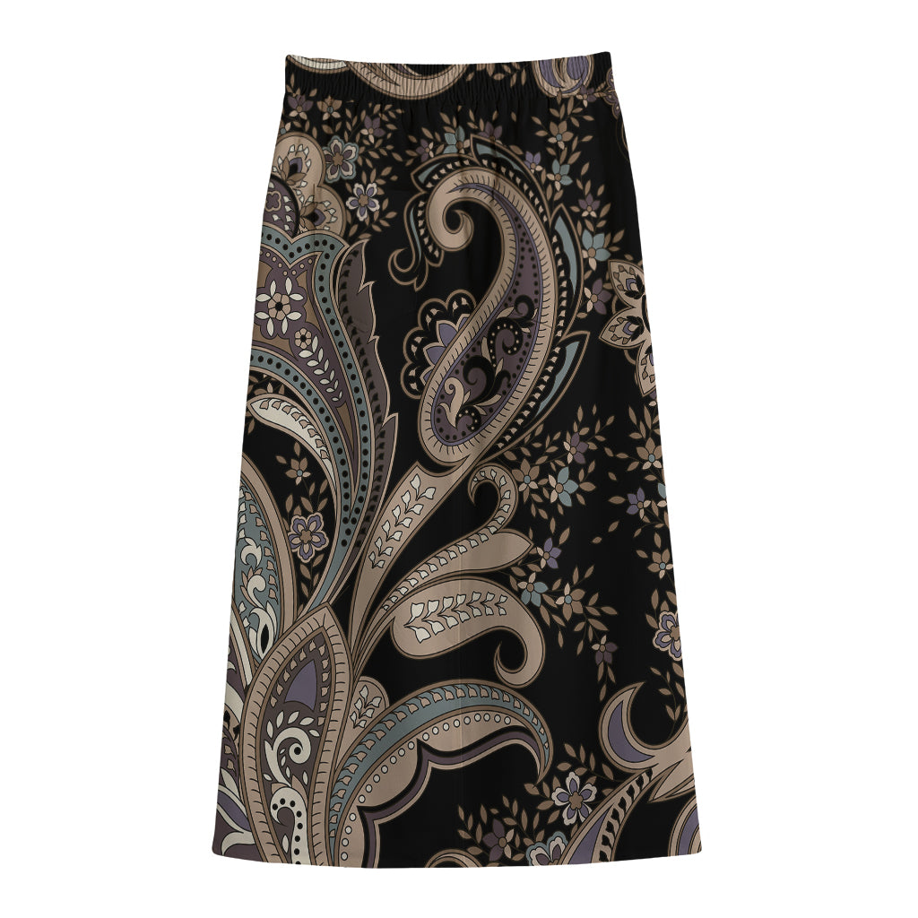 Dark Brown Paisley Pattern Print Cotton Front Slit Maxi Skirt