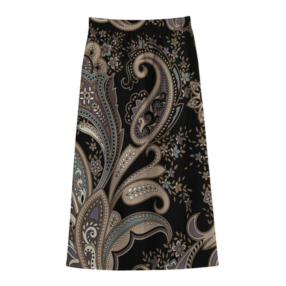 Dark Brown Paisley Pattern Print Cotton Front Slit Maxi Skirt