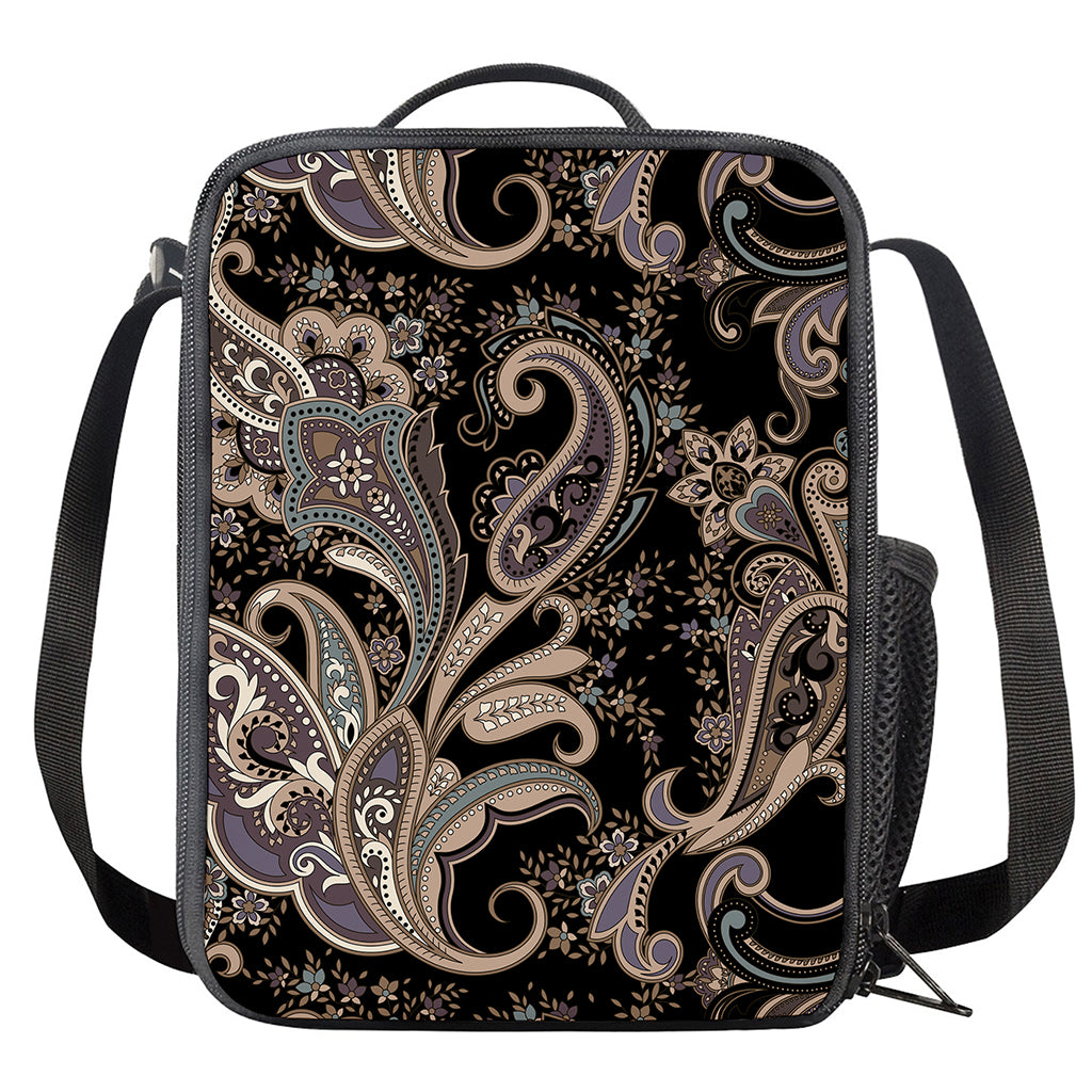 Dark Brown Paisley Pattern Print Crossbody Lunch Bag