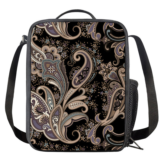 Dark Brown Paisley Pattern Print Crossbody Lunch Bag