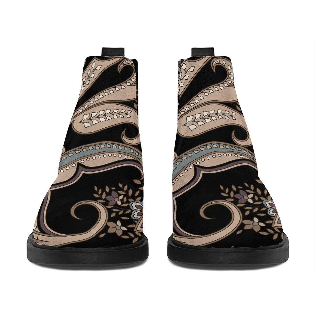 Dark Brown Paisley Pattern Print Flat Ankle Boots