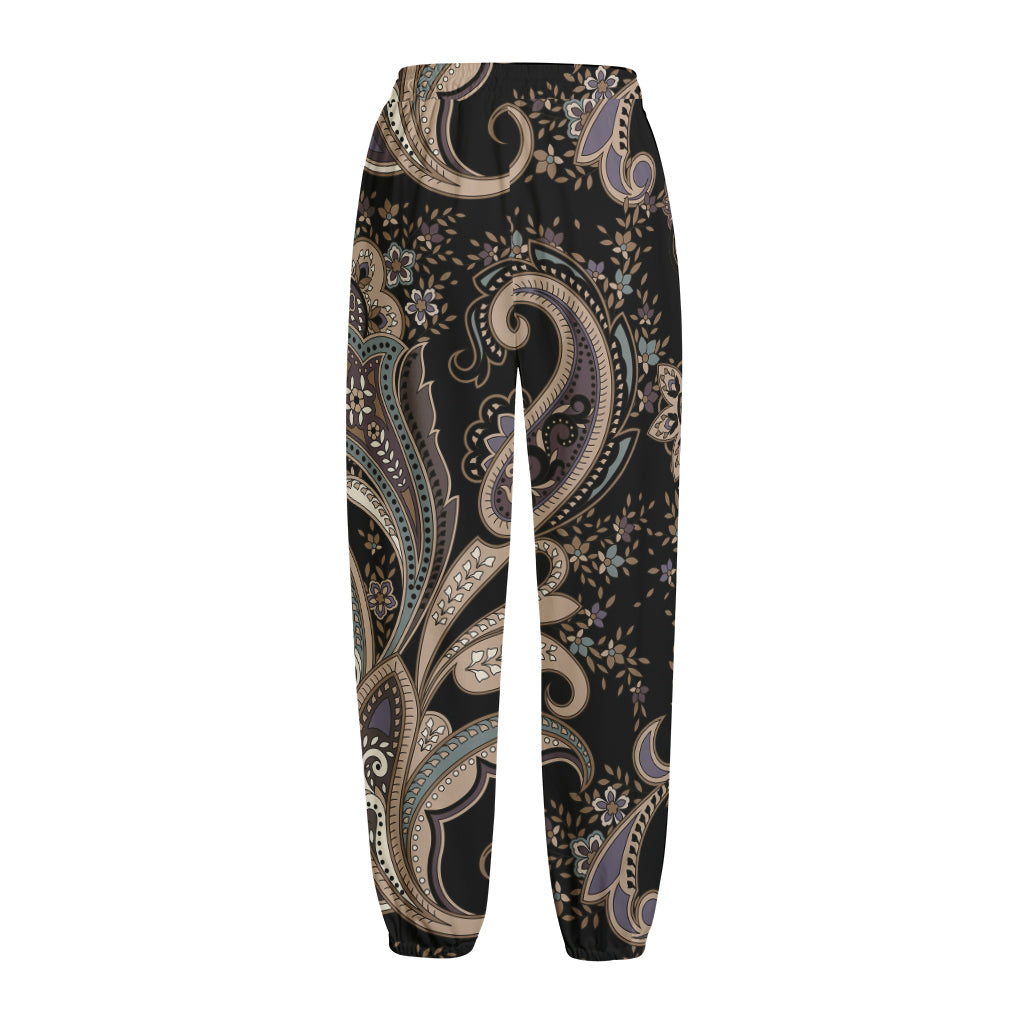 Dark Brown Paisley Pattern Print Fleece Lined Knit Pants