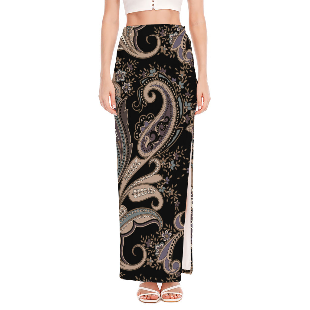 Dark Brown Paisley Pattern Print High Slit Maxi Skirt