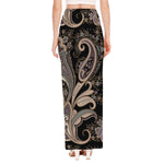 Dark Brown Paisley Pattern Print High Slit Maxi Skirt