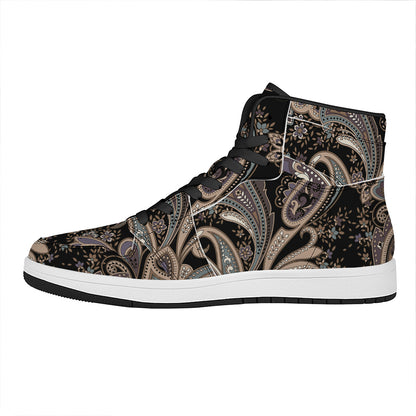 Dark Brown Paisley Pattern Print High Top Leather Sneakers