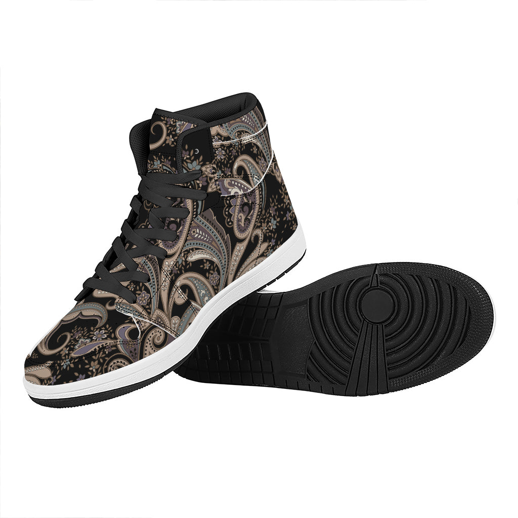 Dark Brown Paisley Pattern Print High Top Leather Sneakers