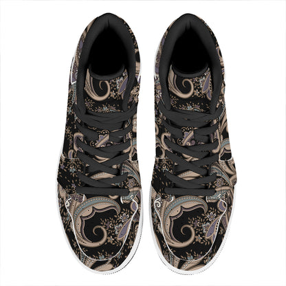 Dark Brown Paisley Pattern Print High Top Leather Sneakers